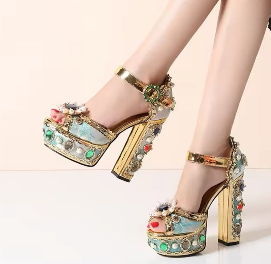 Blue Royalty Rhinestone Embellished Platform Heels