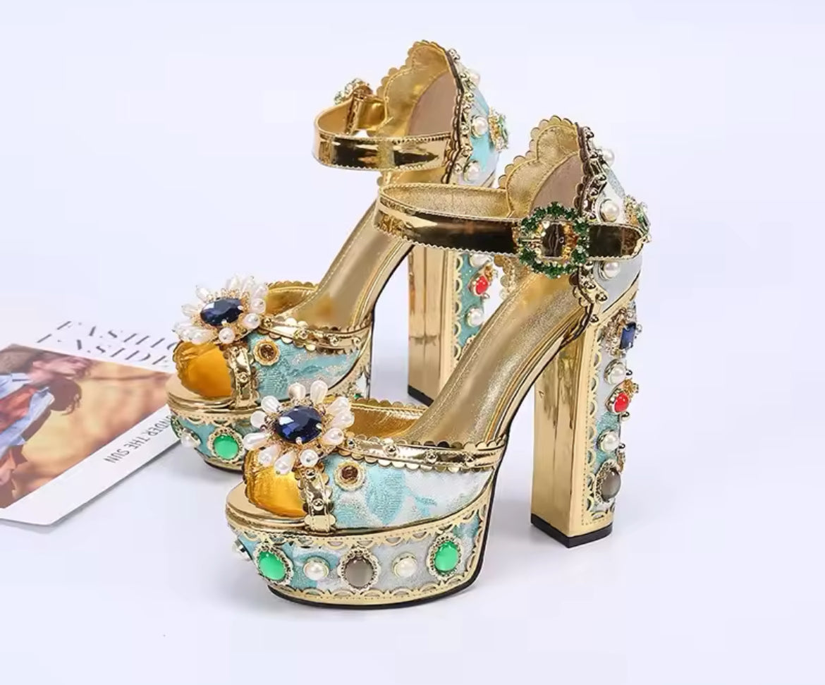 Blue Royalty Rhinestone Embellished Platform Heels