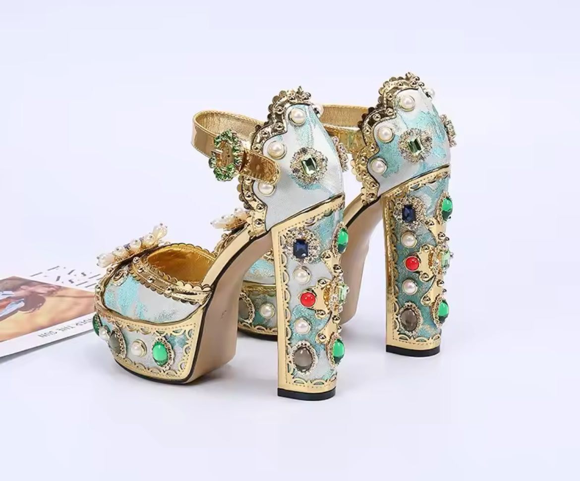 Blue Royalty Rhinestone Embellished Platform Heels