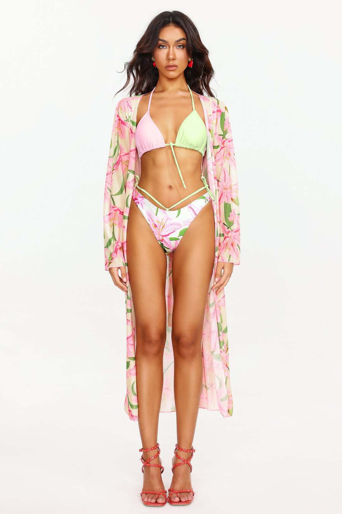 Green & Pink Floral Three Piece Swimwear Set