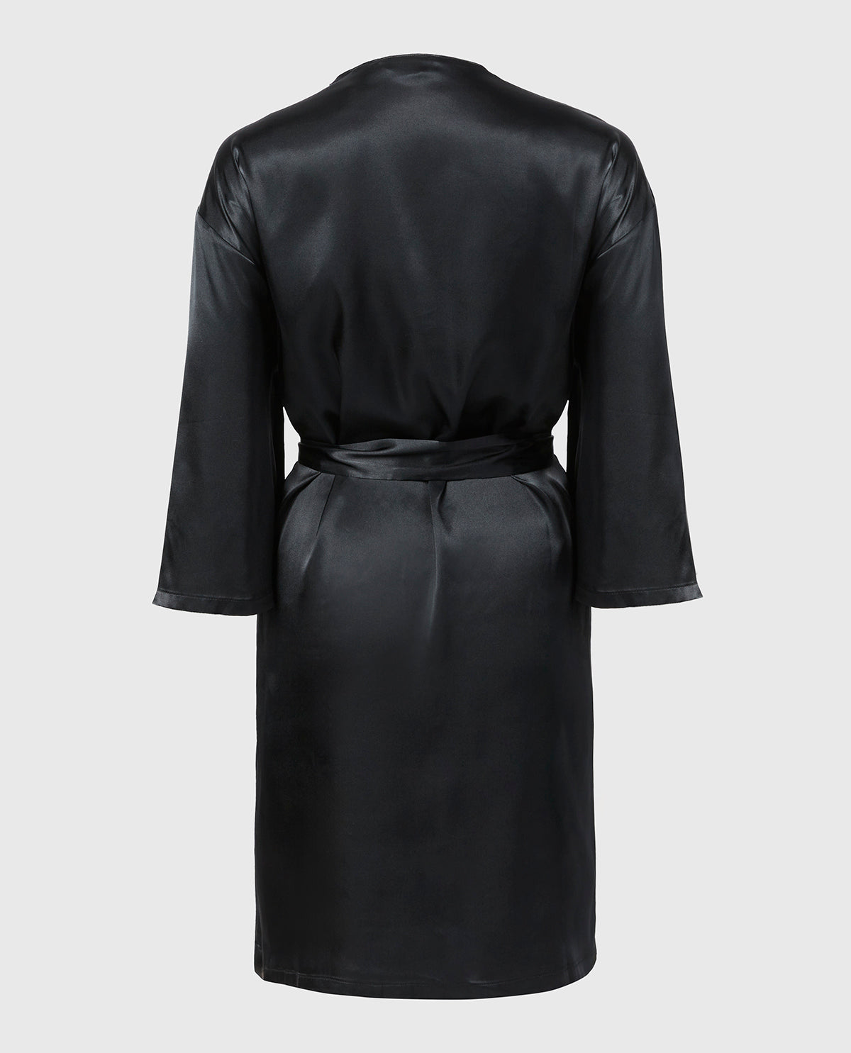 Satin Robe with Lush Lace Trim in Tuxedo Black