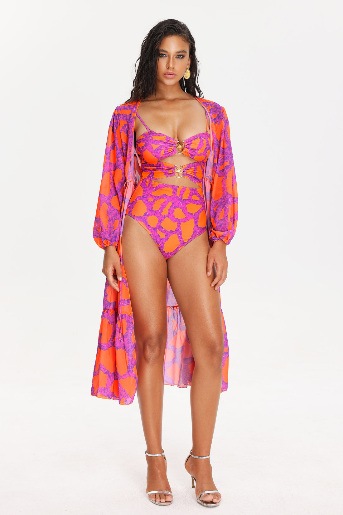 Pink/Orange One Piece Bathing Suit W/Coverup