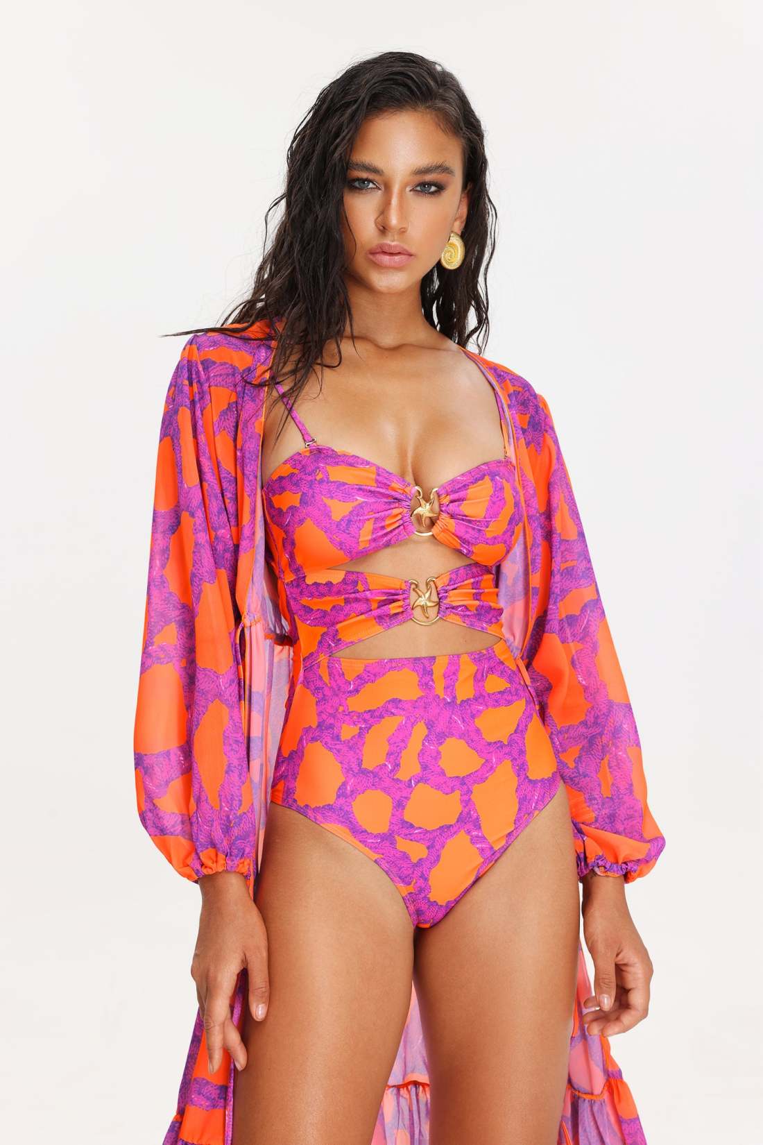Pink/Orange One Piece Bathing Suit W/Coverup