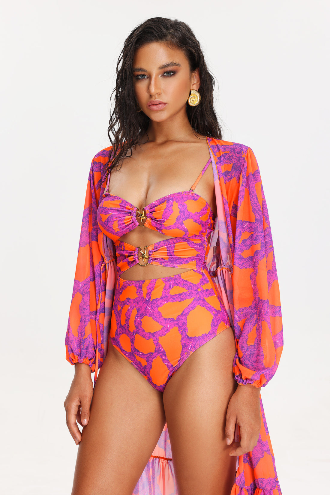 Pink/Orange One Piece Bathing Suit W/Coverup