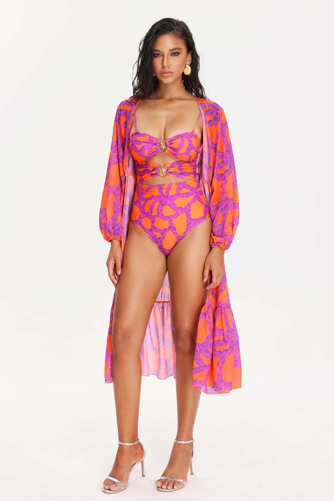 Pink/Orange One Piece Bathing Suit W/Coverup