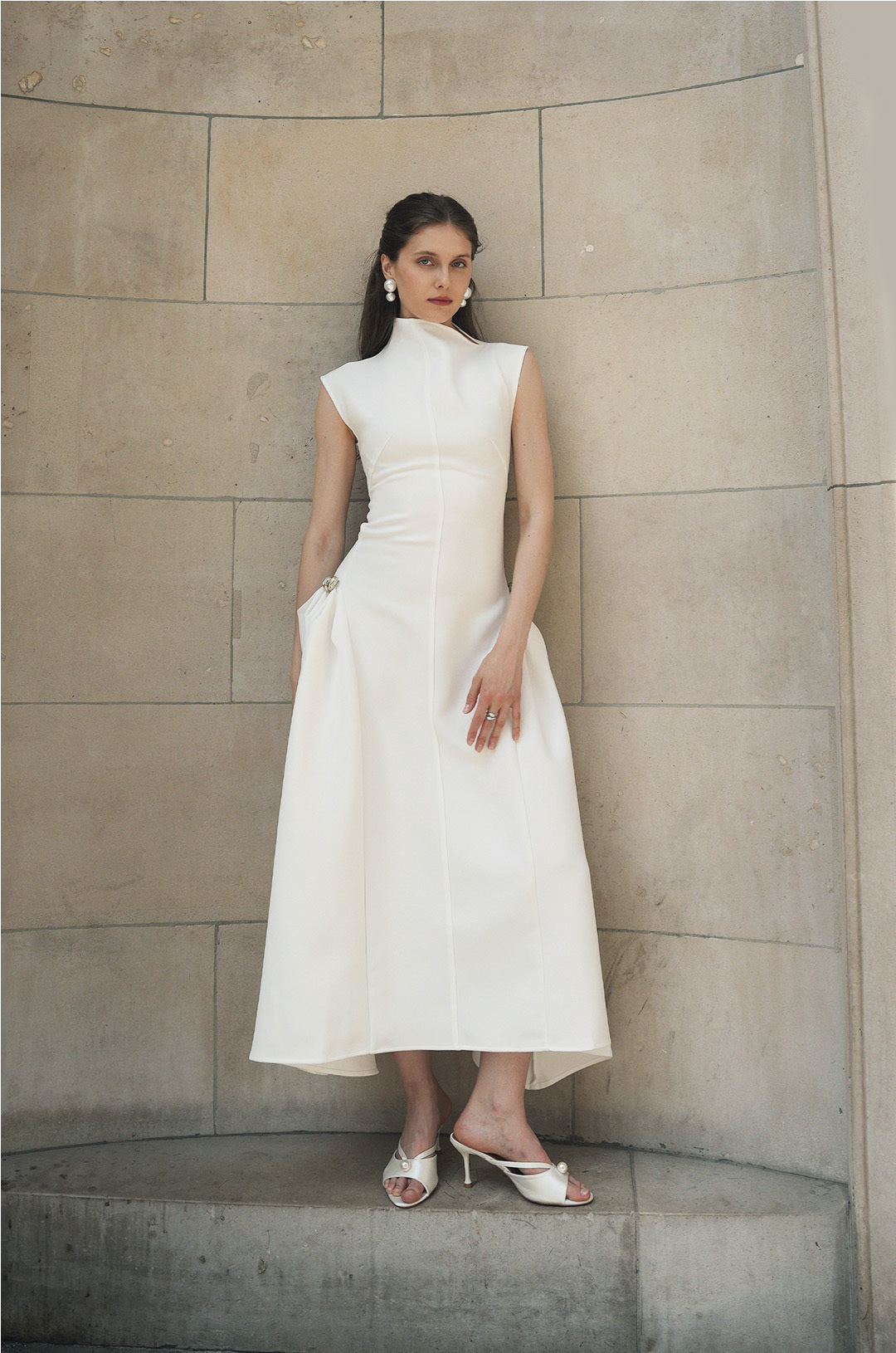 Sculpted Minimalist White Midi Dress