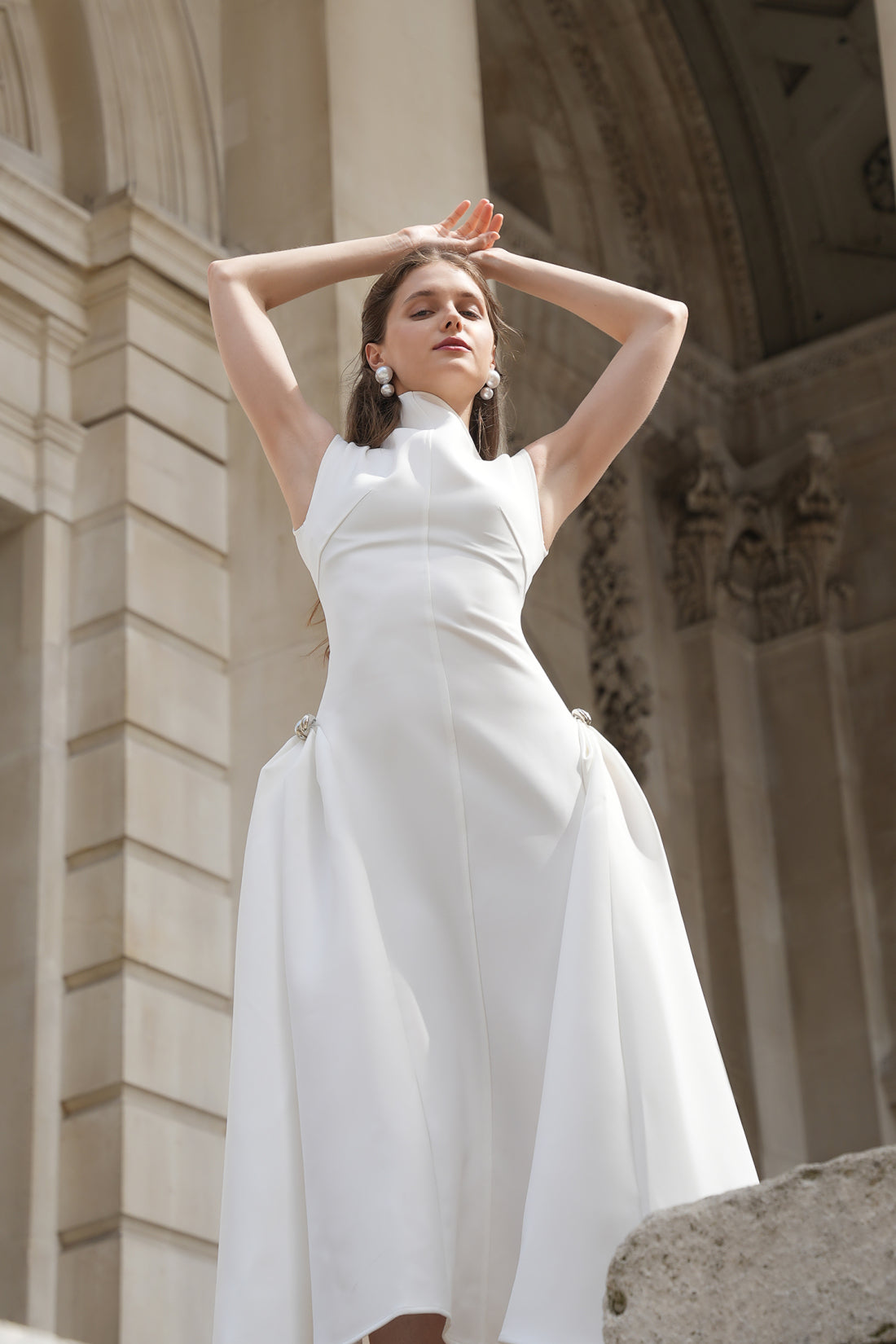 Sculpted Minimalist White Midi Dress