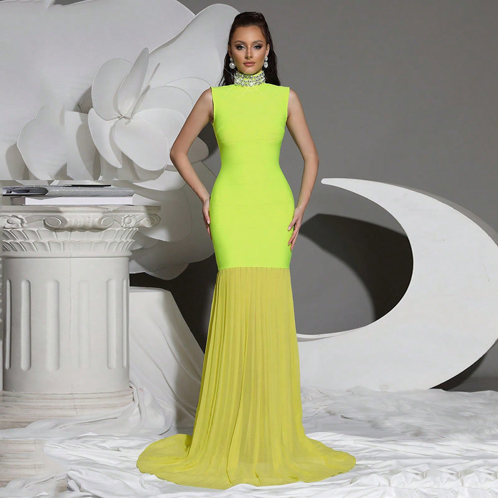 Chartreuse High-Neck Column Gown | Statement Evening Dress