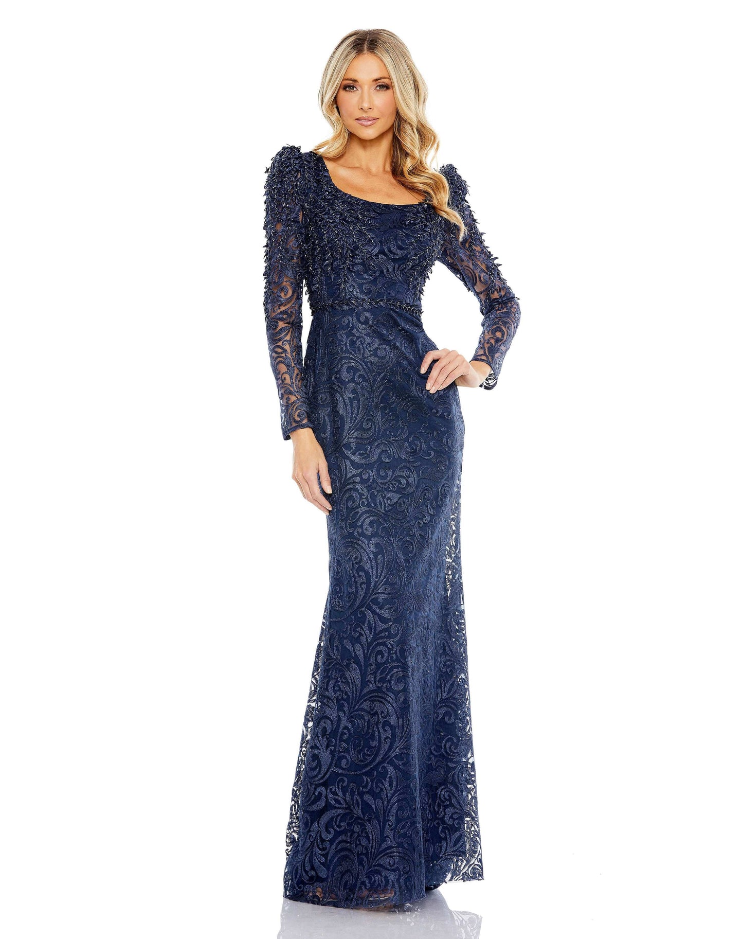Embroidered Appliqué Shoulder Detail Trumpet Gown