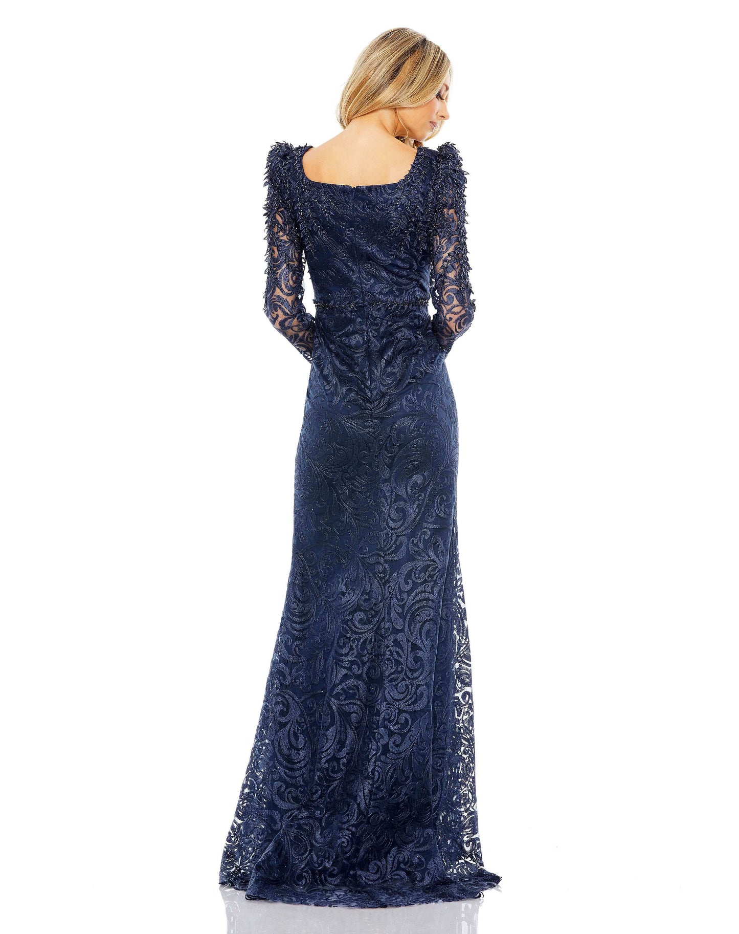 Embroidered Appliqué Shoulder Detail Trumpet Gown