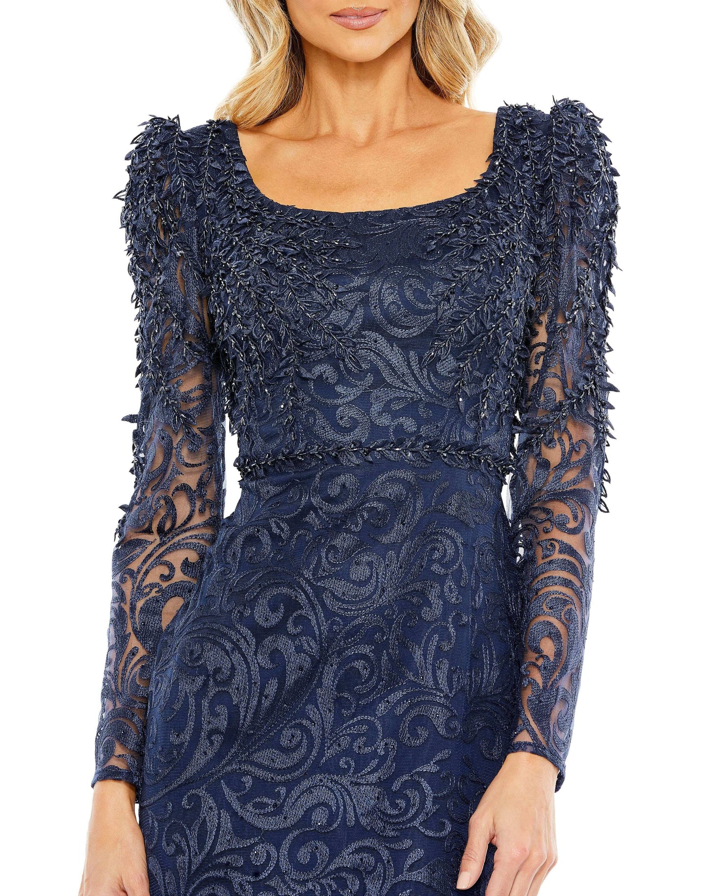 Embroidered Appliqué Shoulder Detail Trumpet Gown