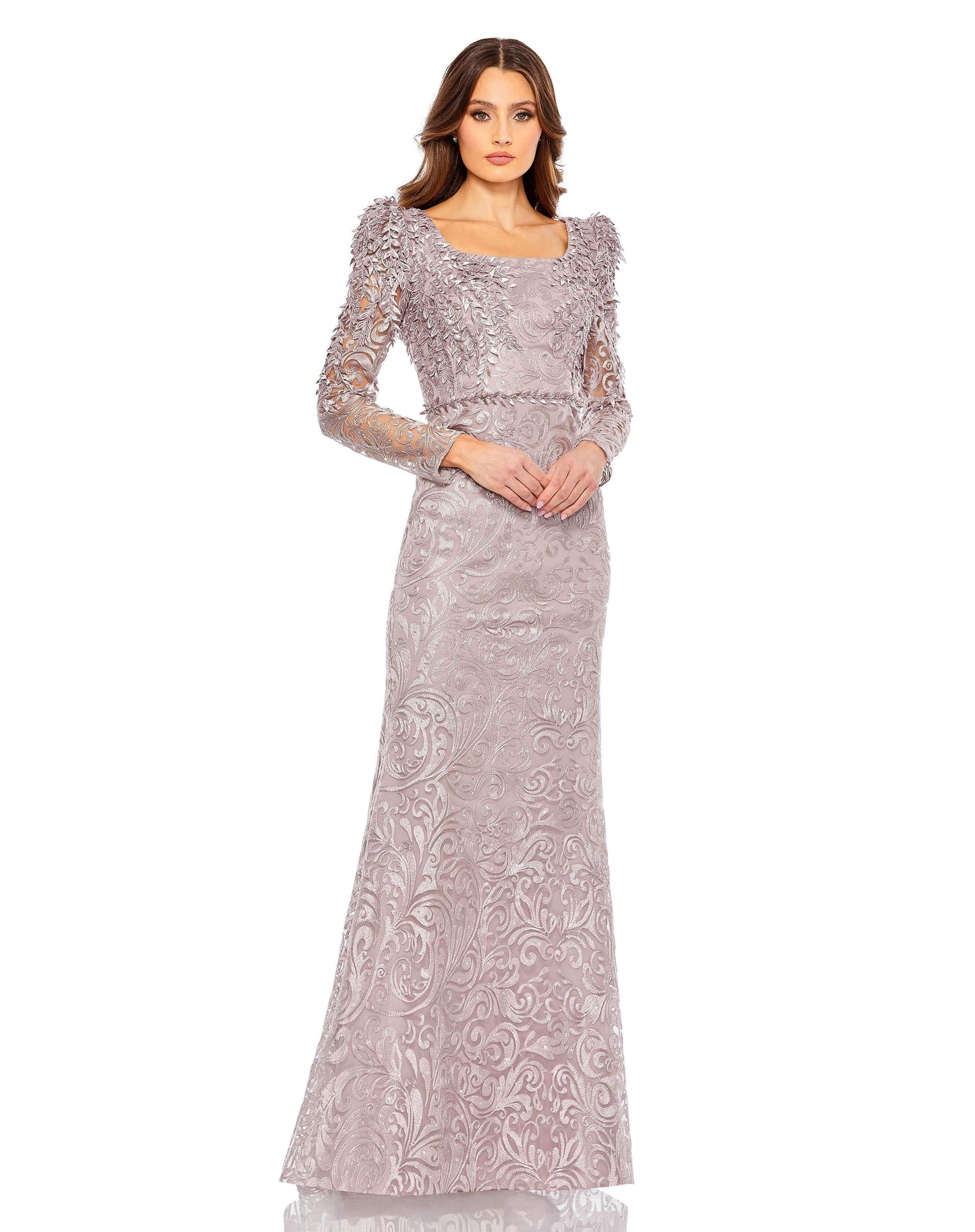 Embroidered Appliqué Shoulder Detail Trumpet Gown