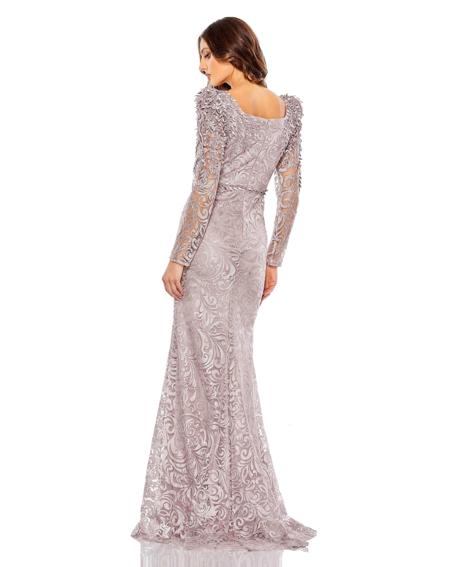 Embroidered Appliqué Shoulder Detail Trumpet Gown