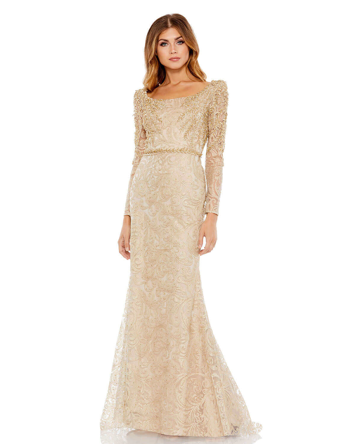 Embroidered Appliqué Shoulder Detail Trumpet Gown