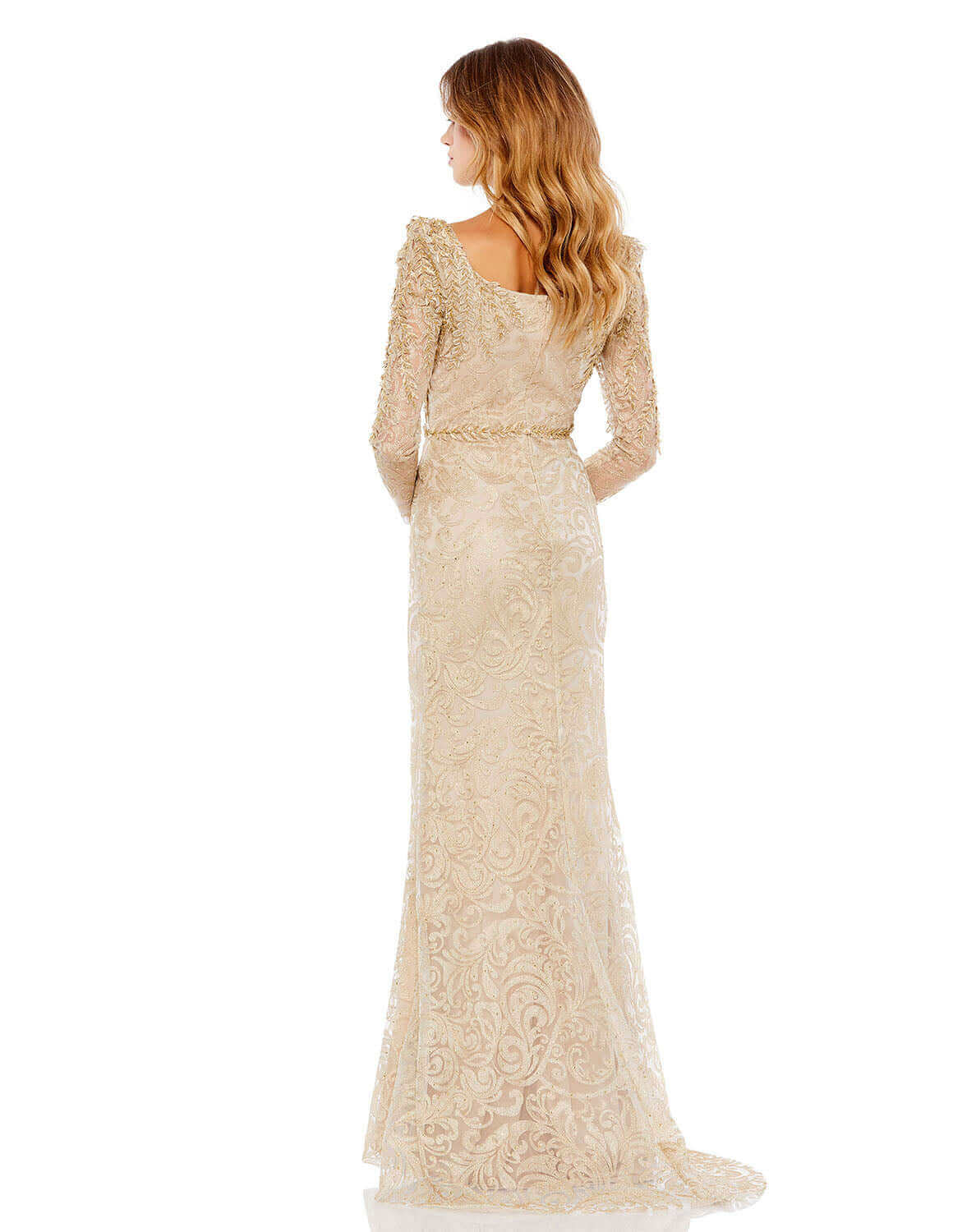 Embroidered Appliqué Shoulder Detail Trumpet Gown
