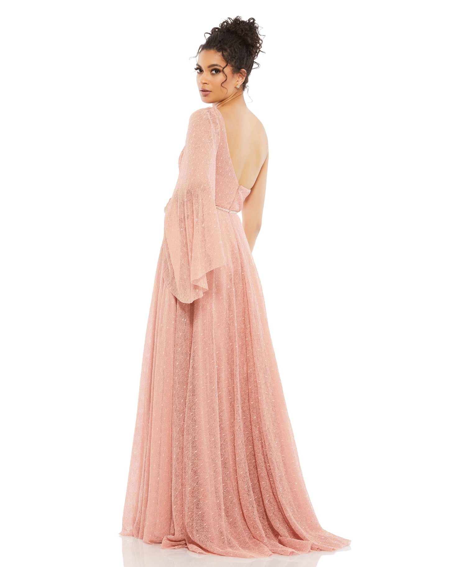 One-Shoulder Bell Sleeve Lace Gown