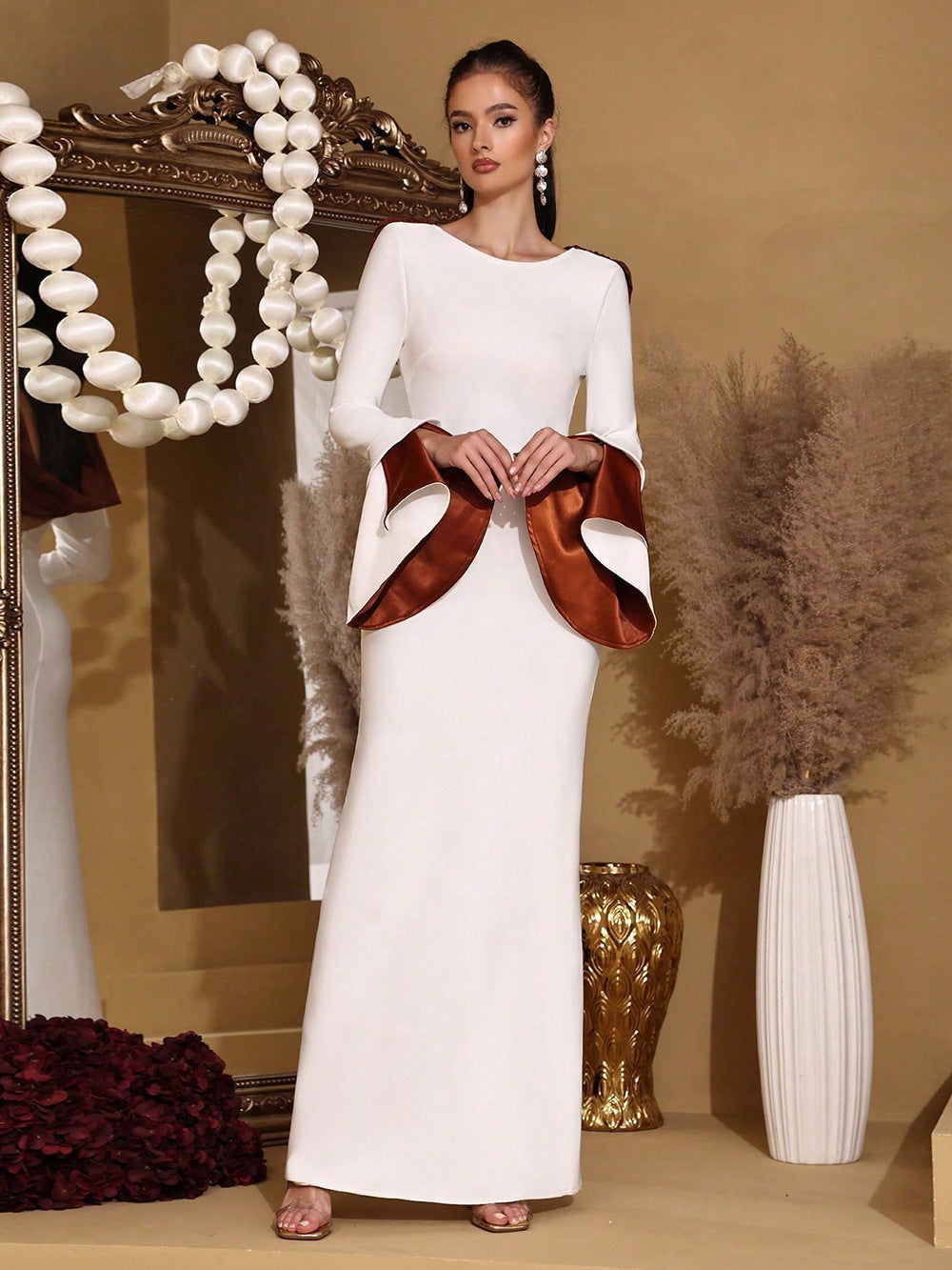 Ivory Contrast Bell Sleeve Column Gown