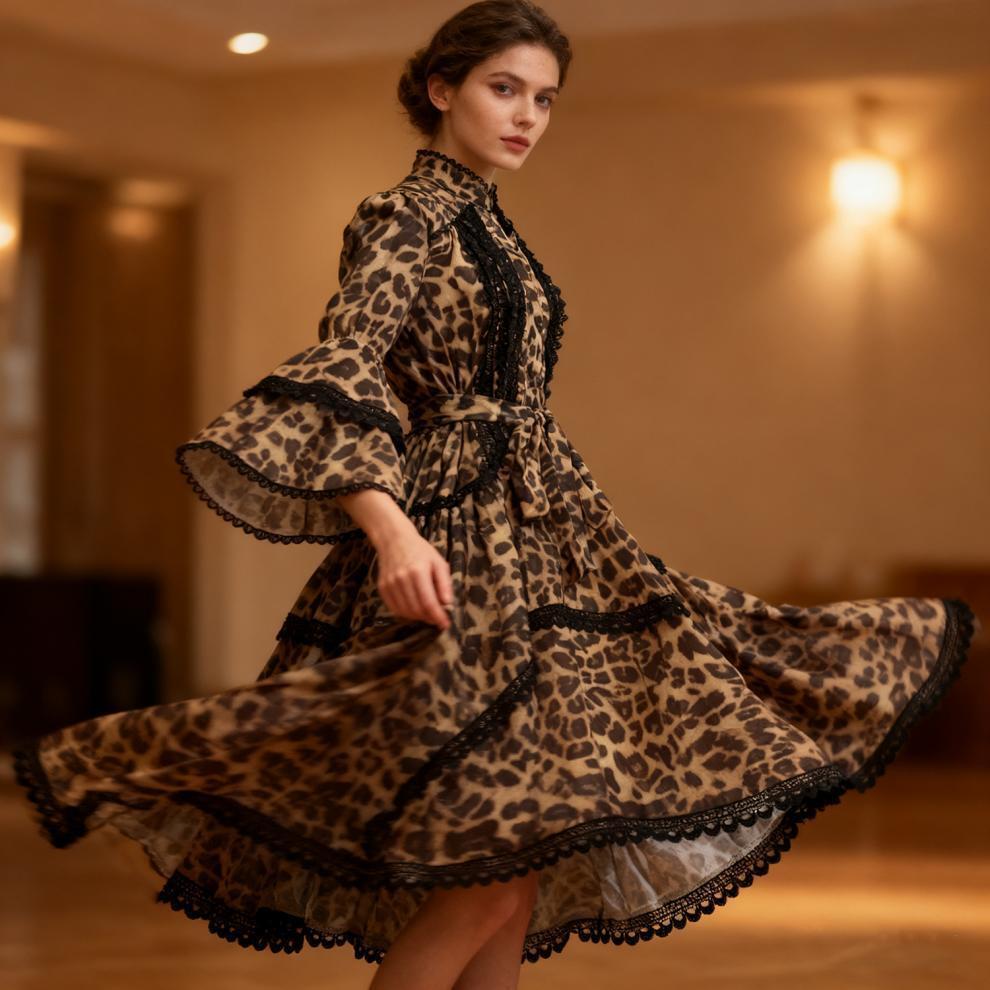 Savage Grace Leopard Ruffle Midi Dress