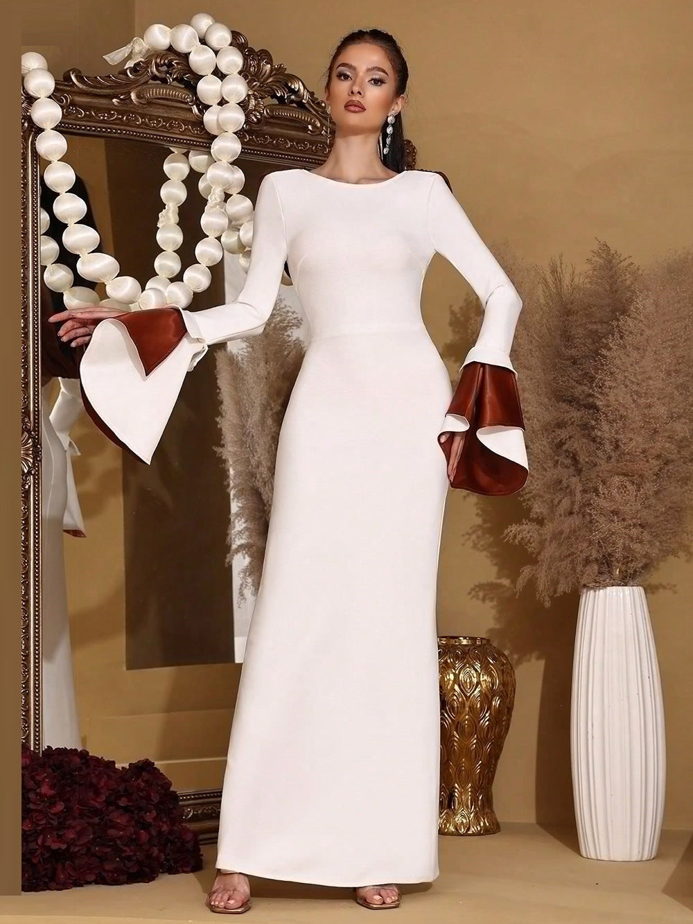 Ivory Contrast Bell Sleeve Column Gown