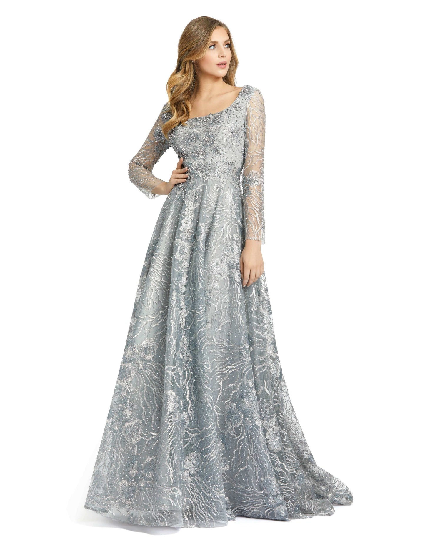 Floral Embroidered Long Sleeve Square Neck Gown