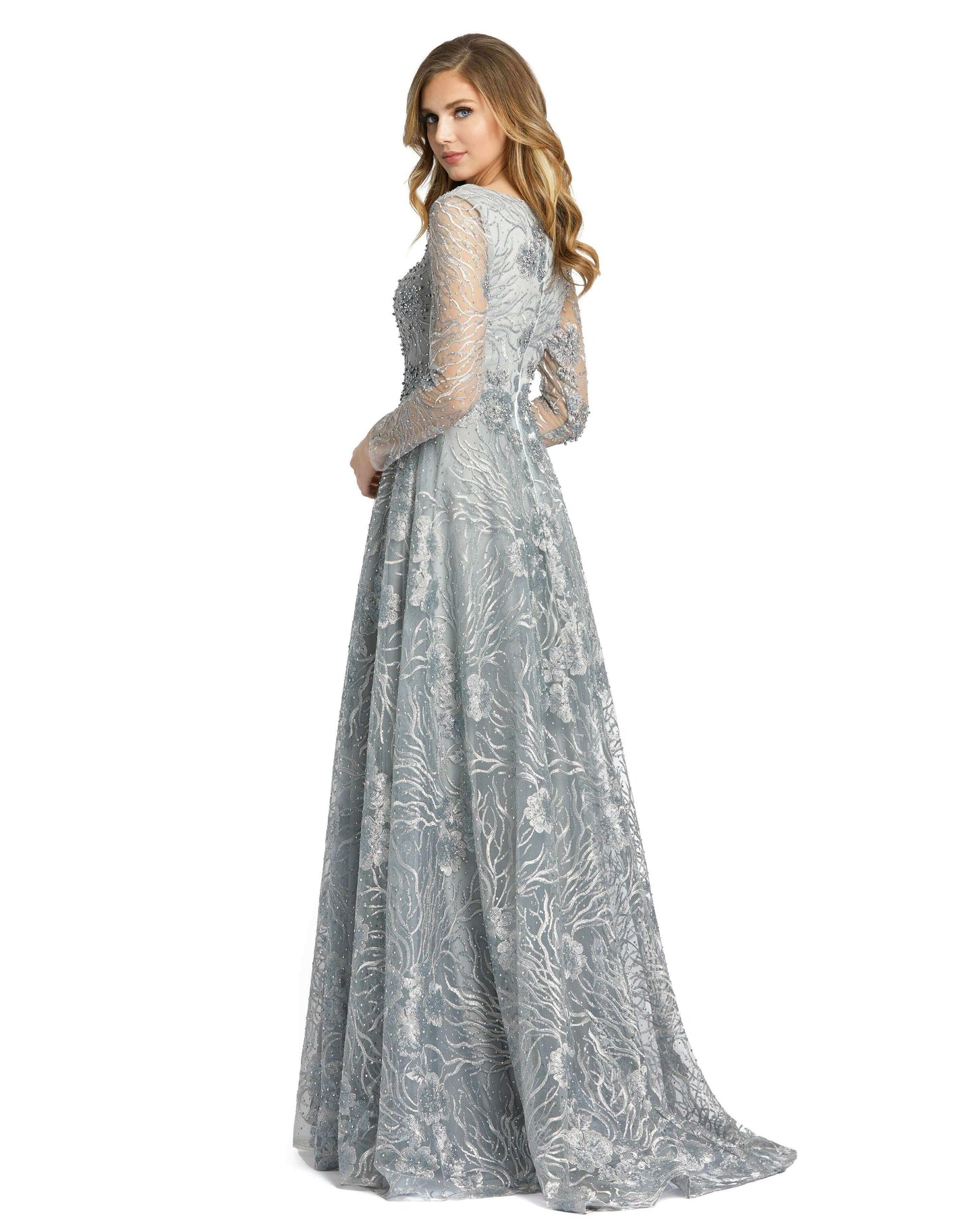 Floral Embroidered Long Sleeve Square Neck Gown