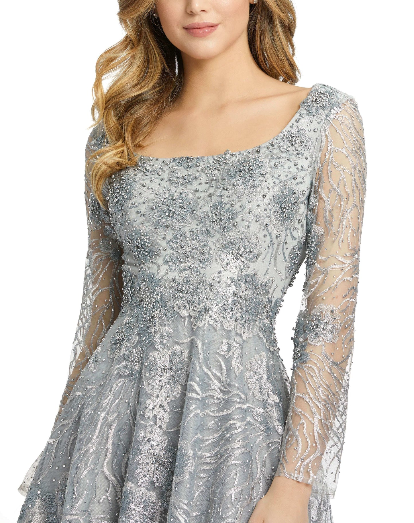 Floral Embroidered Long Sleeve Square Neck Gown