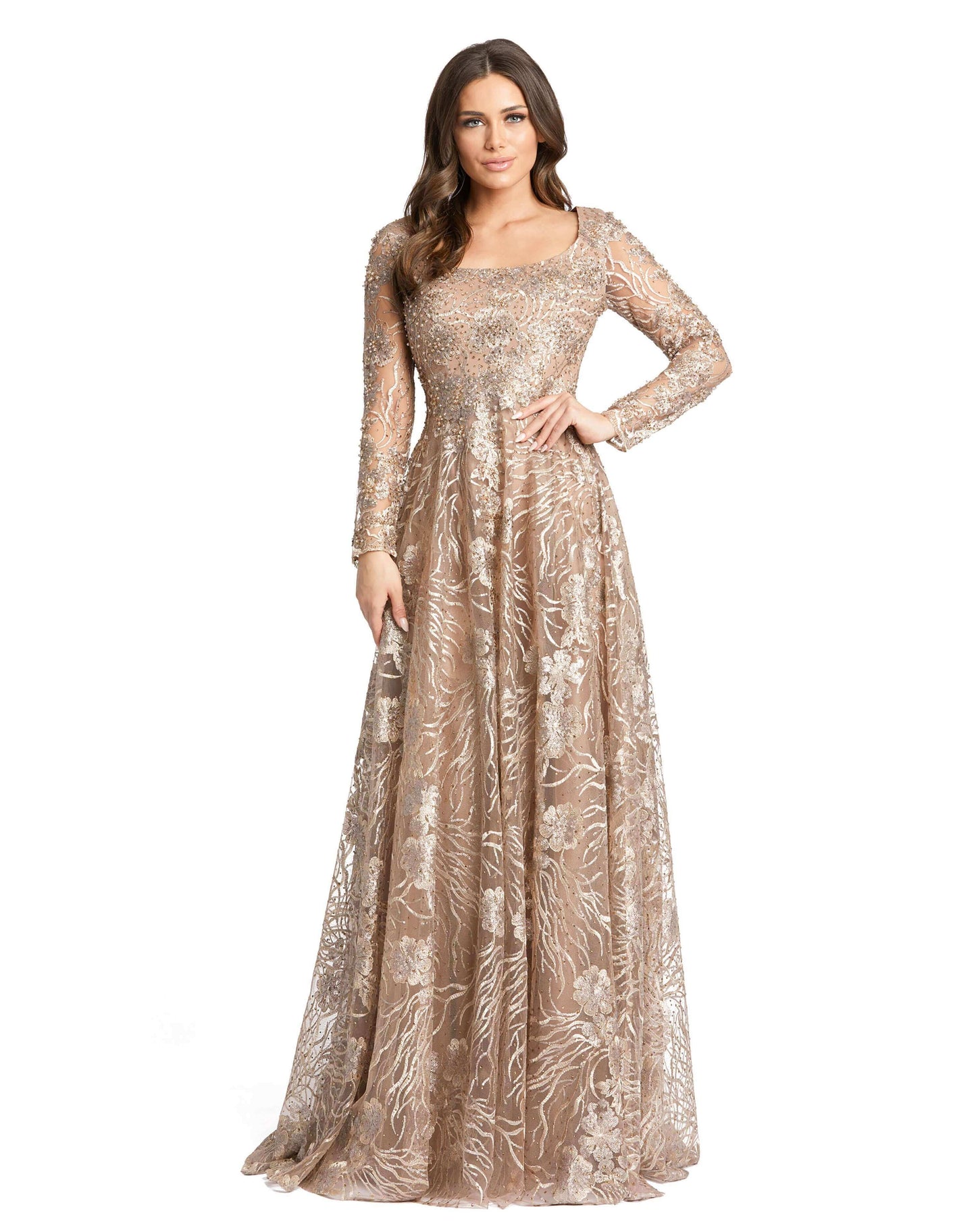 Floral Embroidered Long Sleeve Square Neck Gown