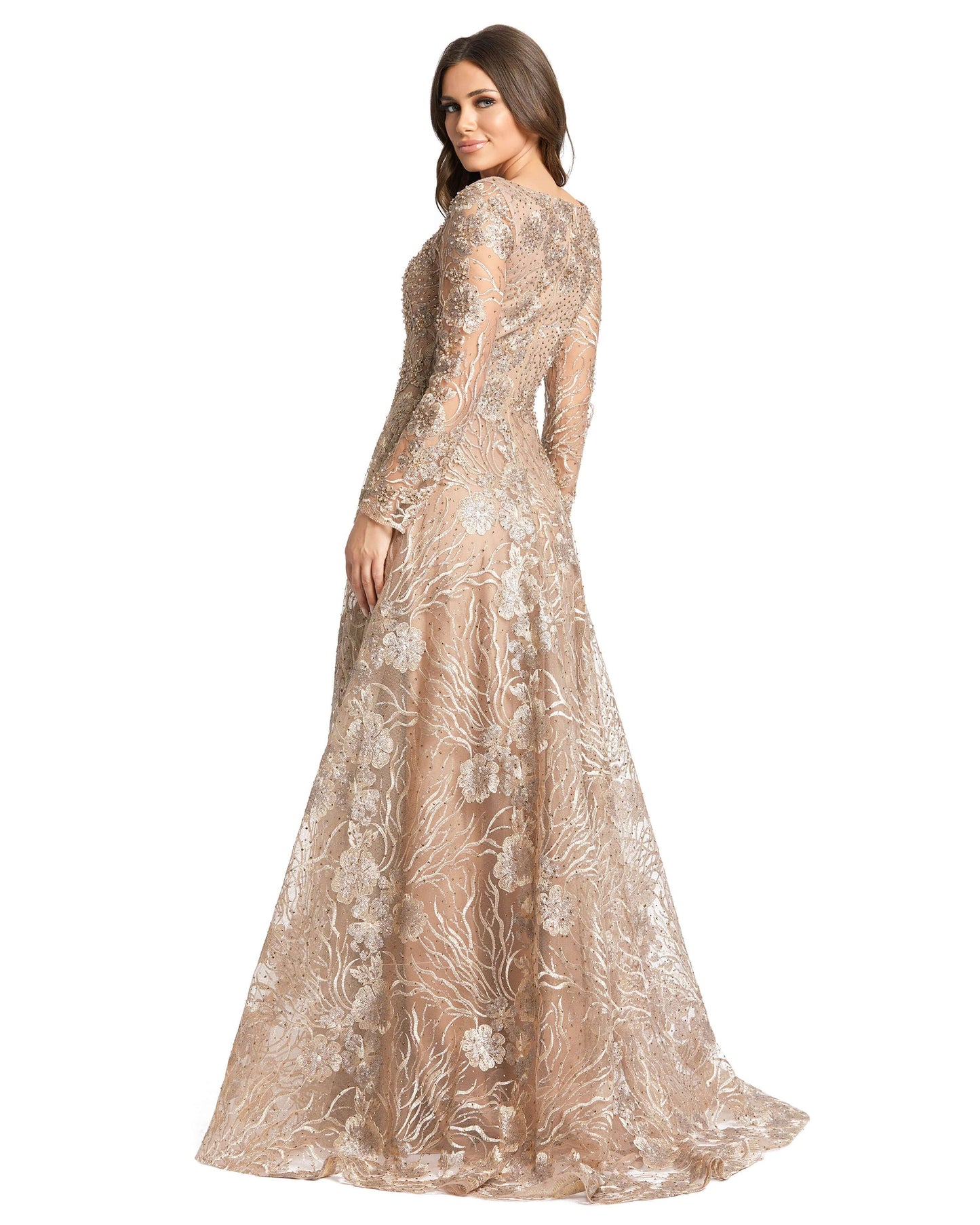 Floral Embroidered Long Sleeve Square Neck Gown