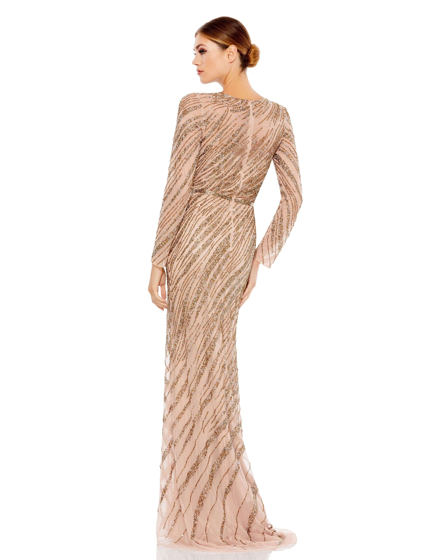 Long Sleeve Beaded Column Gown