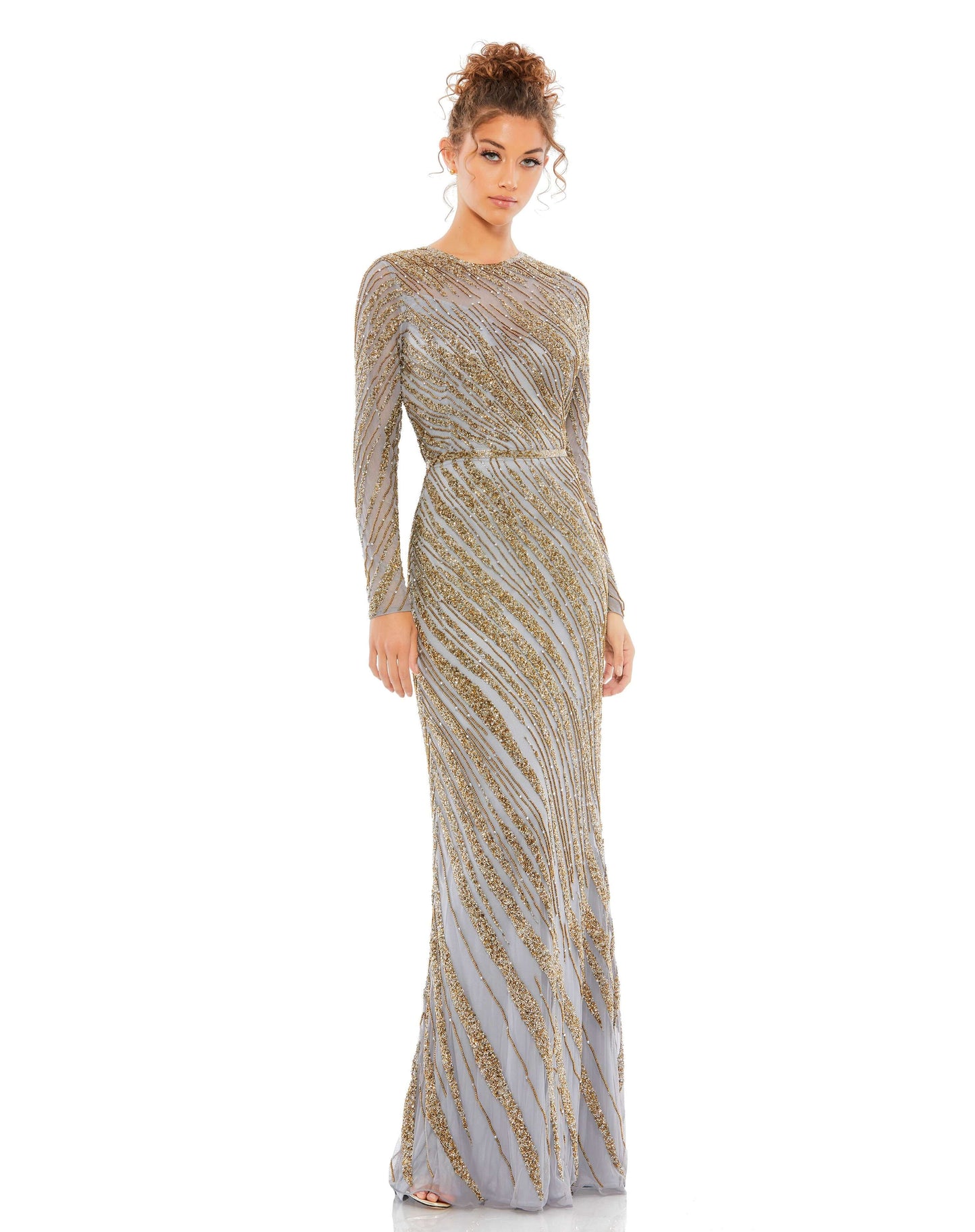 Long Sleeve Beaded Column Gown