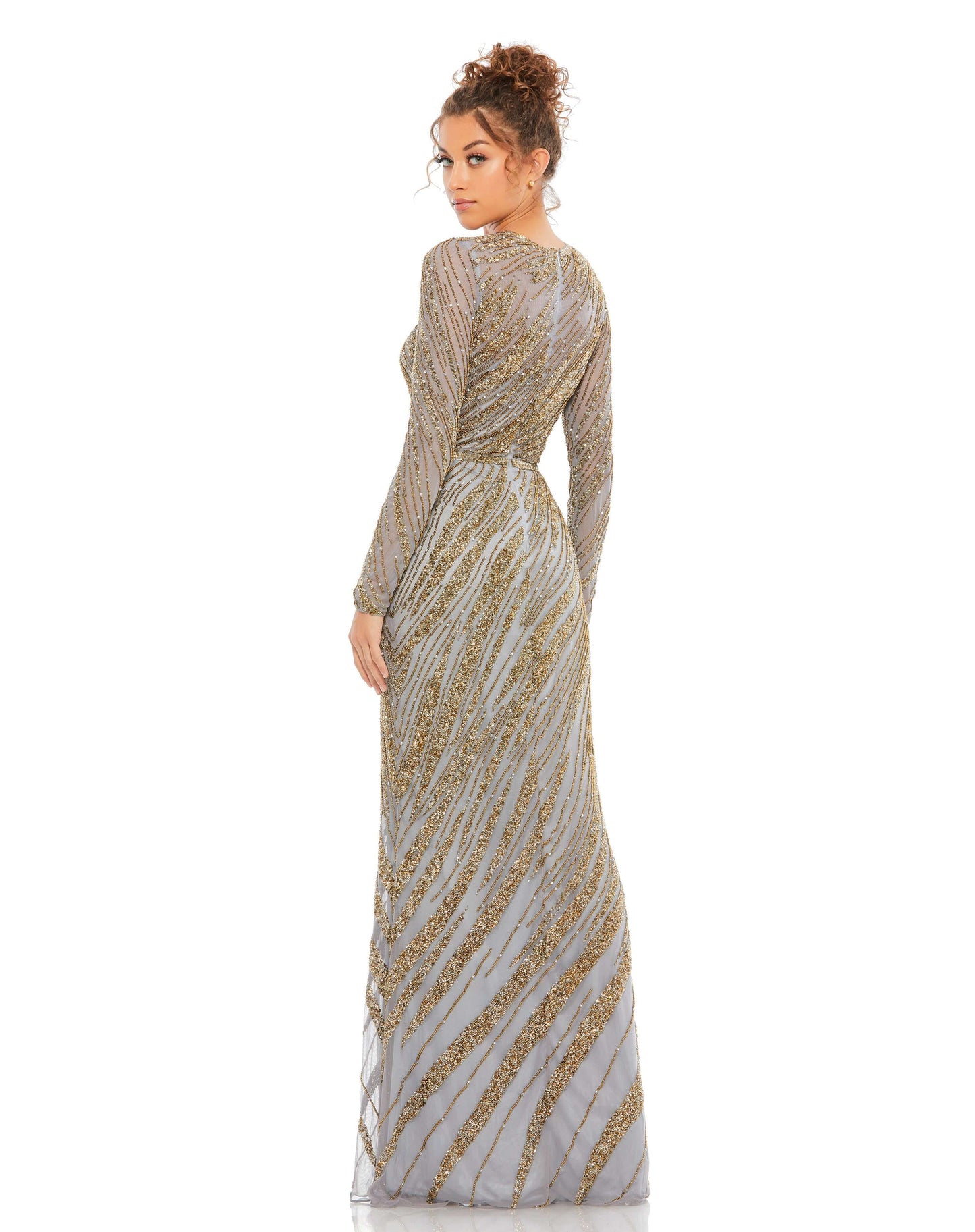 Long Sleeve Beaded Column Gown