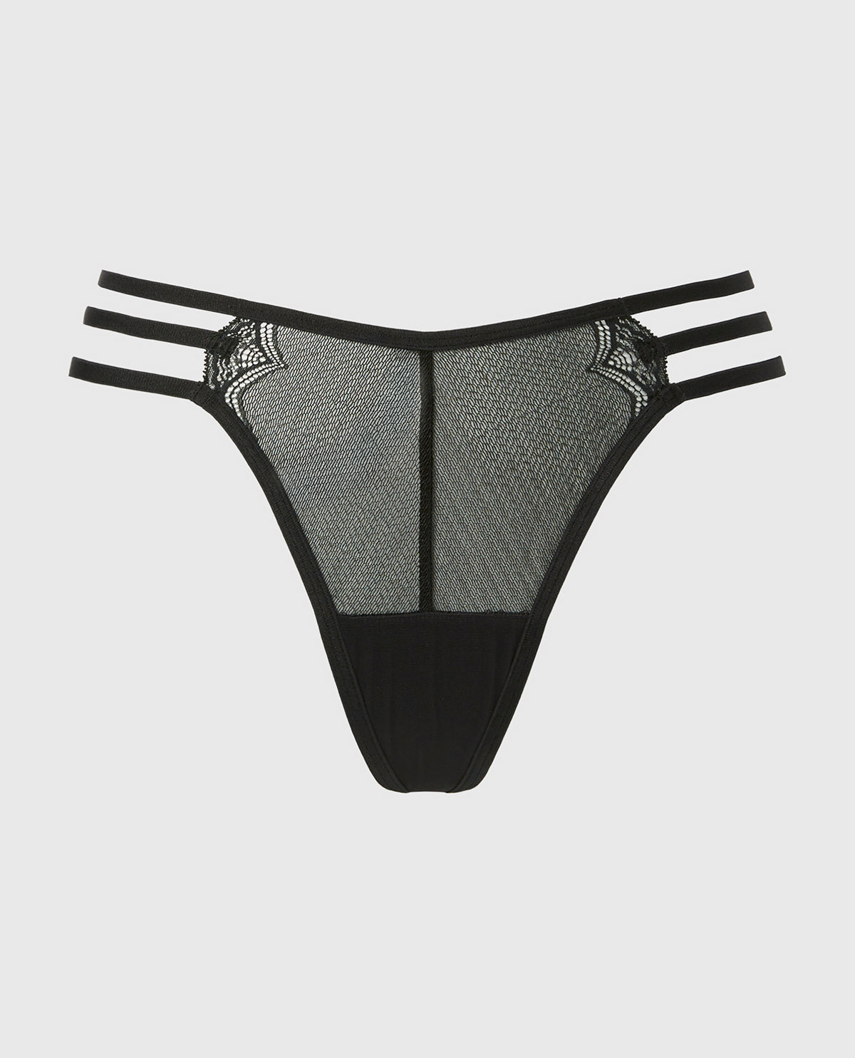 Thong Panty Exquisite Lace with Strappy Sides in Tuxedo Black