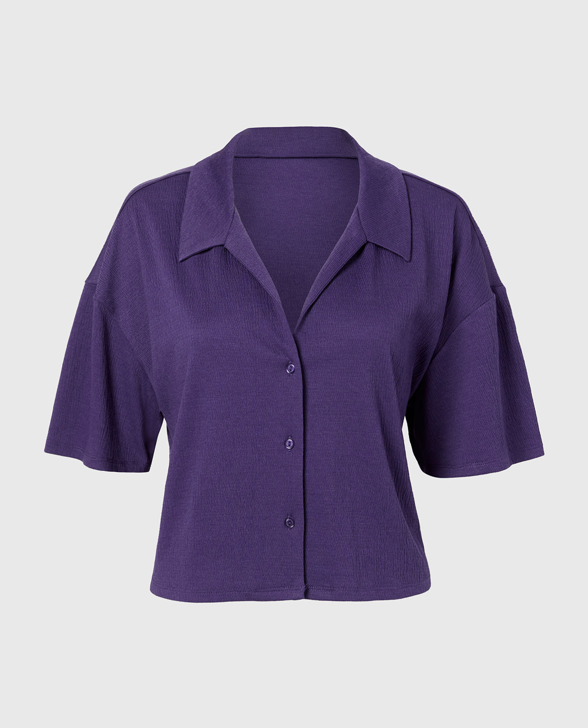 Casual Sleep Short Sleeve Textured Knit Button Down in Mulberry Purple