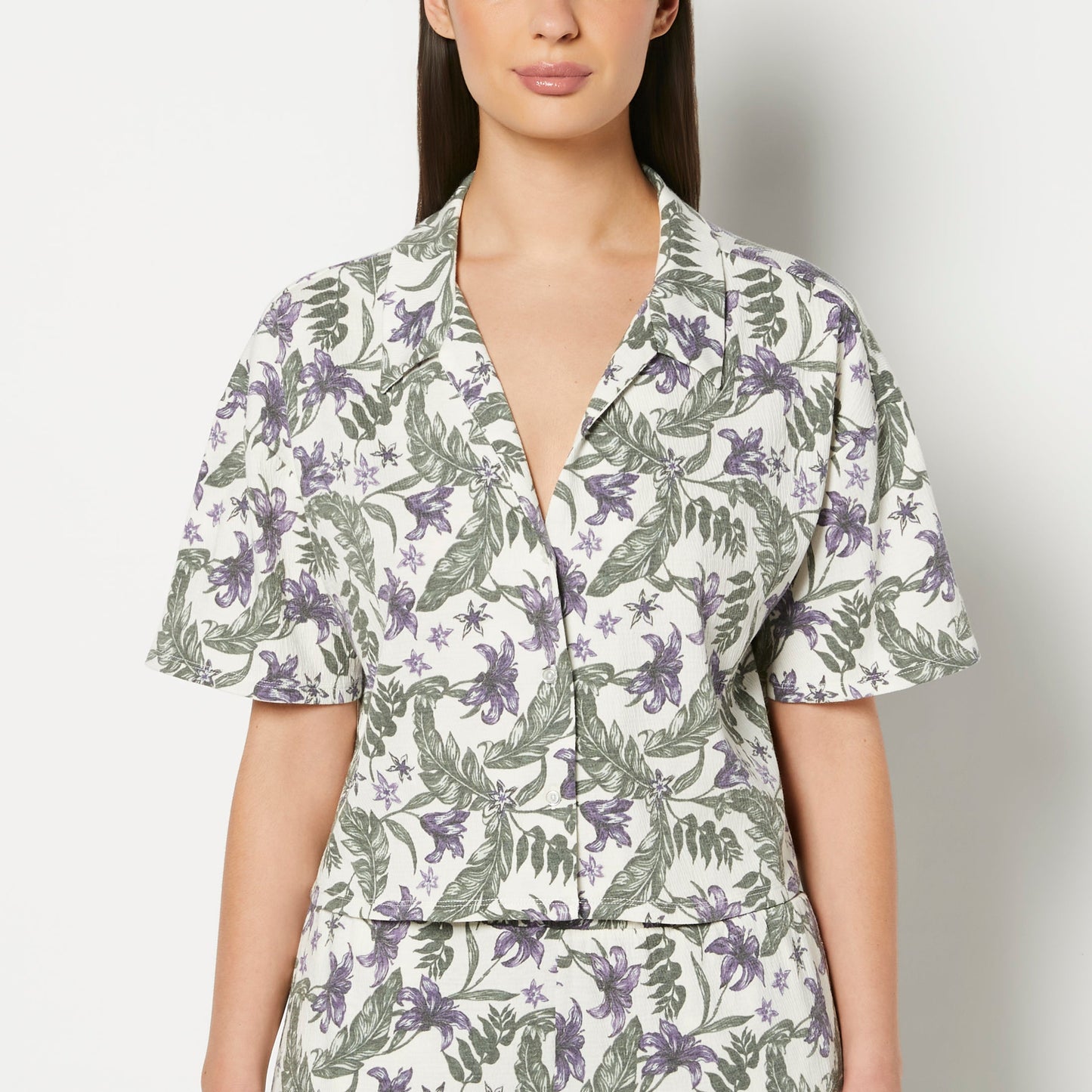 Casual Sleep Short Sleeve Textured Knit Button Down in Island Floral