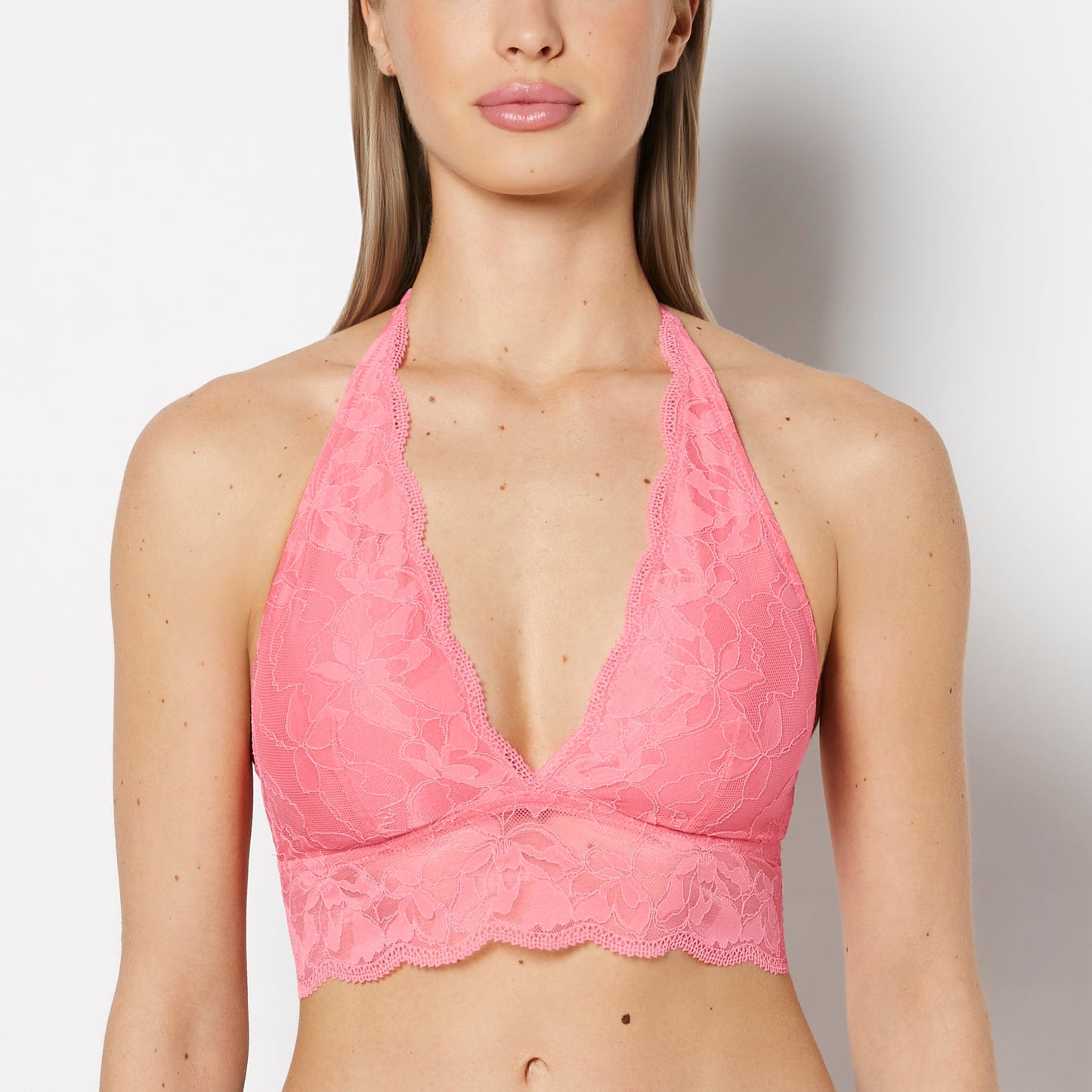 Unlined Halter Bralette with Charmed Lace in Pink Lemonade