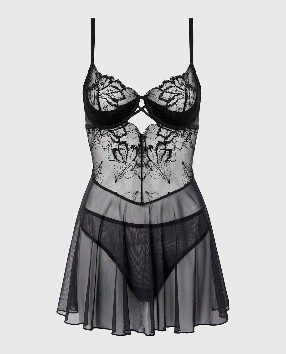 Unlined Balconette Babydoll with Lush Lace in Tuxedo Black
