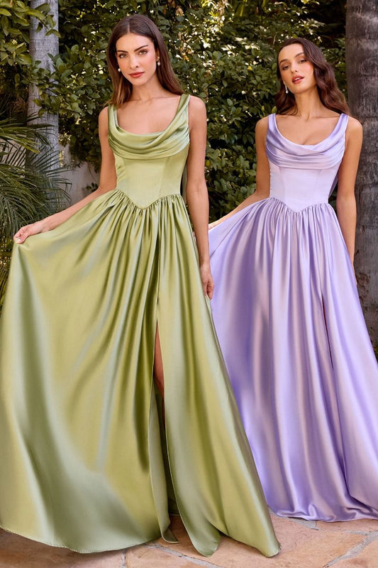 Pleated neckline, thin straps & leg slit
