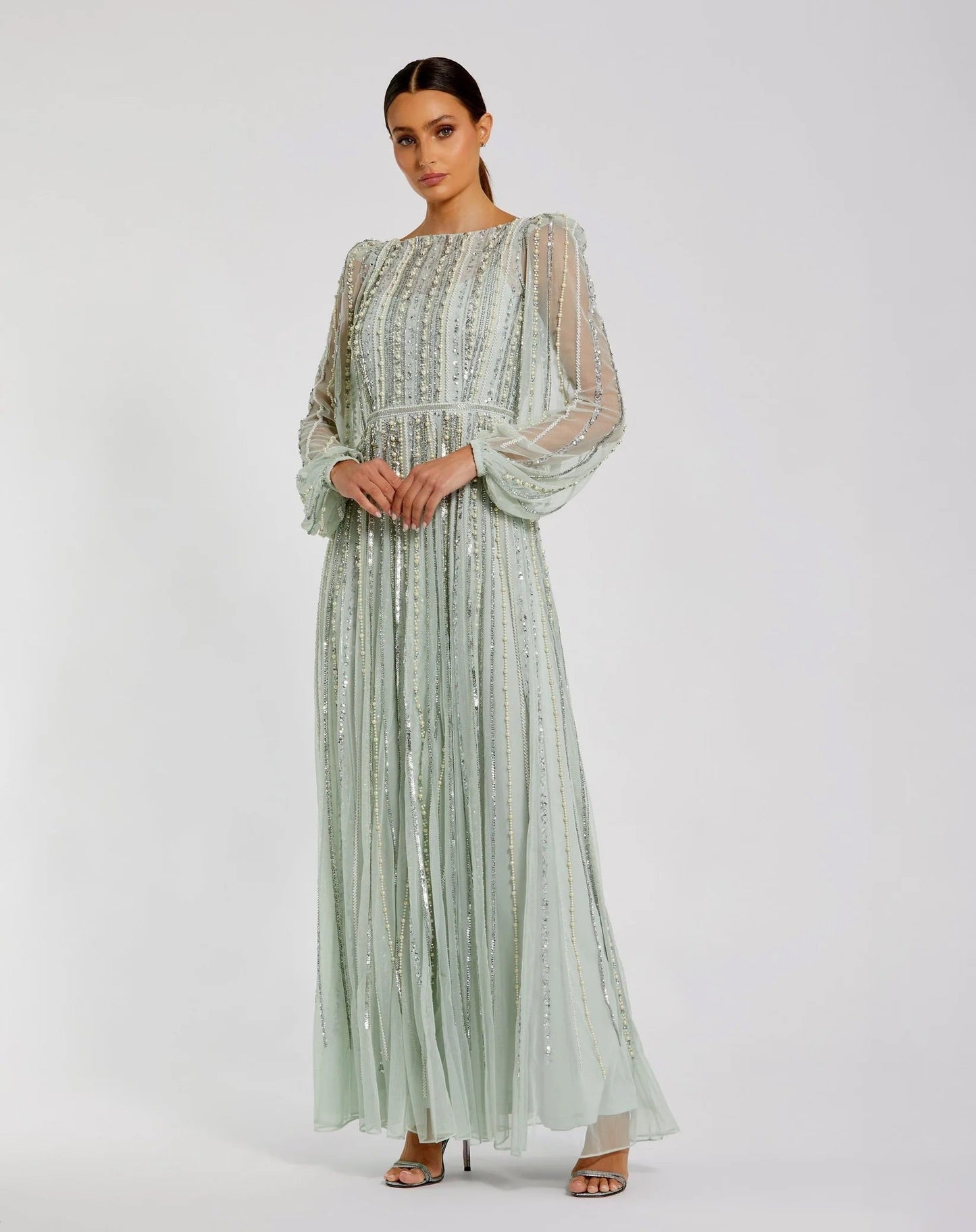 Boat Neck Long Sleeve Gown With Striped Beading