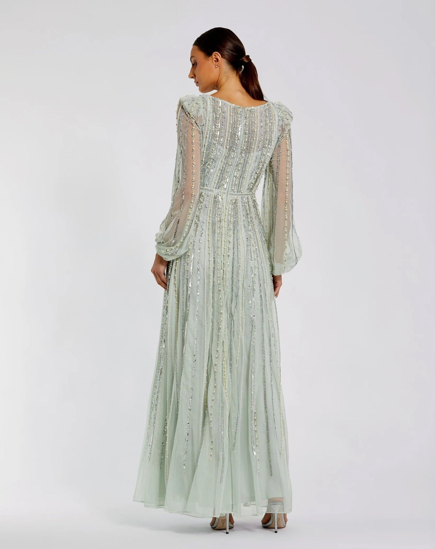 Boat Neck Long Sleeve Gown With Striped Beading