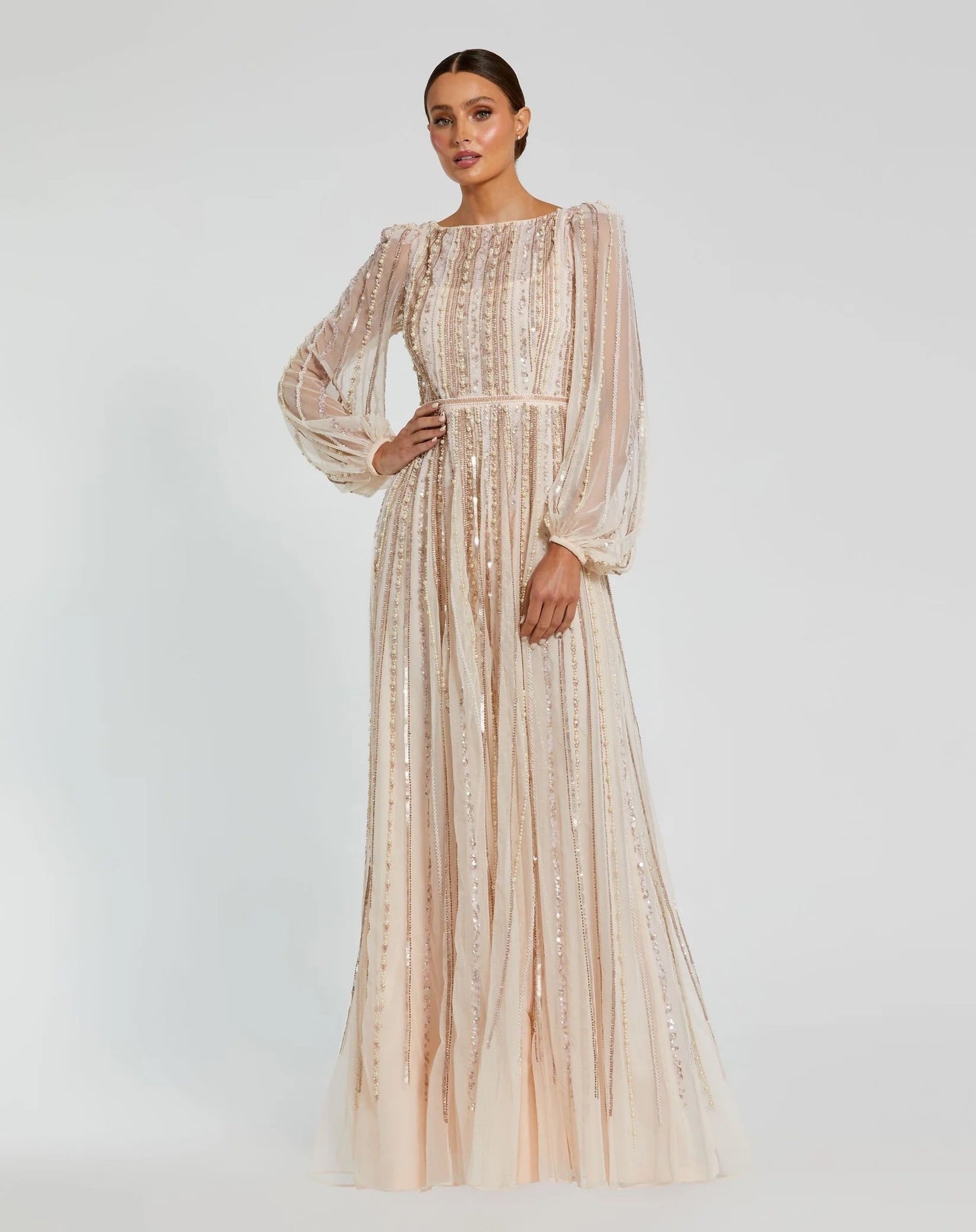 Boat Neck Long Sleeve Gown With Striped Beading