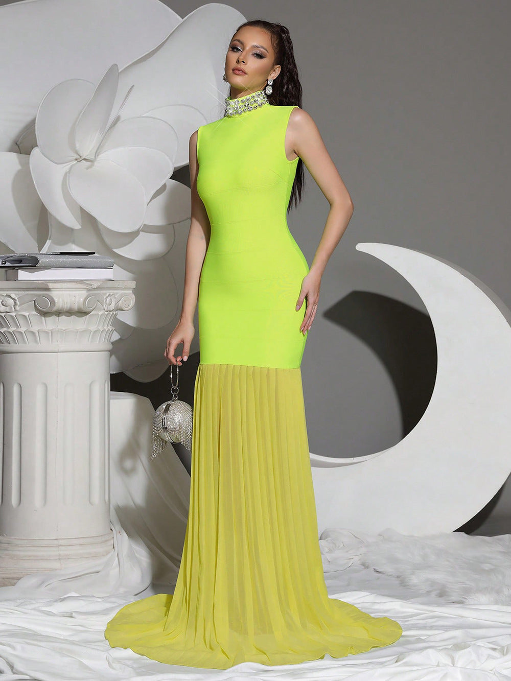 Chartreuse High-Neck Column Gown | Statement Evening Dress