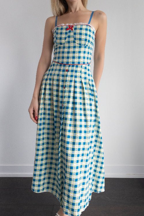 Retro Gingham Midi Dress with Red Bow