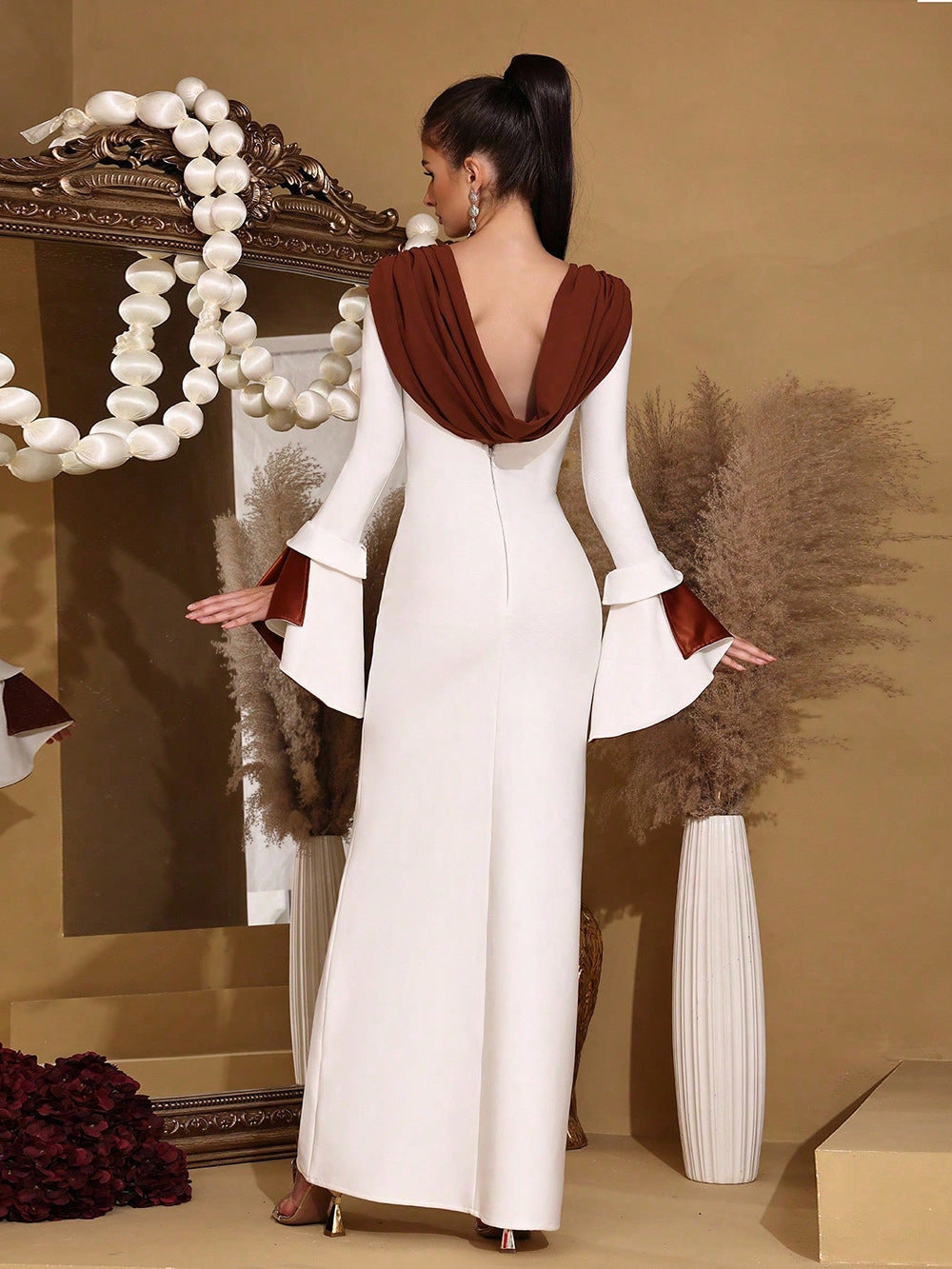 Ivory Contrast Bell Sleeve Column Gown