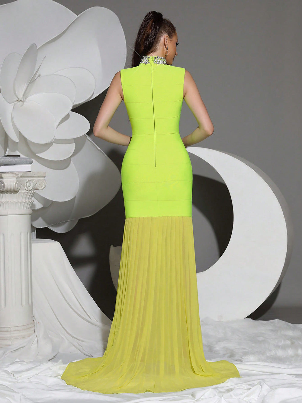 Chartreuse High-Neck Column Gown | Statement Evening Dress