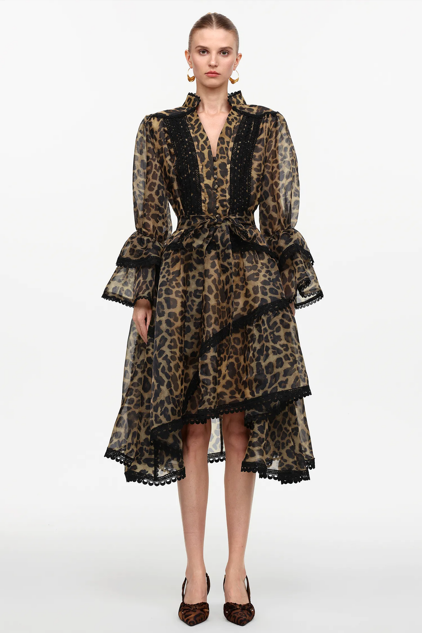 Savage Grace Leopard Ruffle Midi Dress