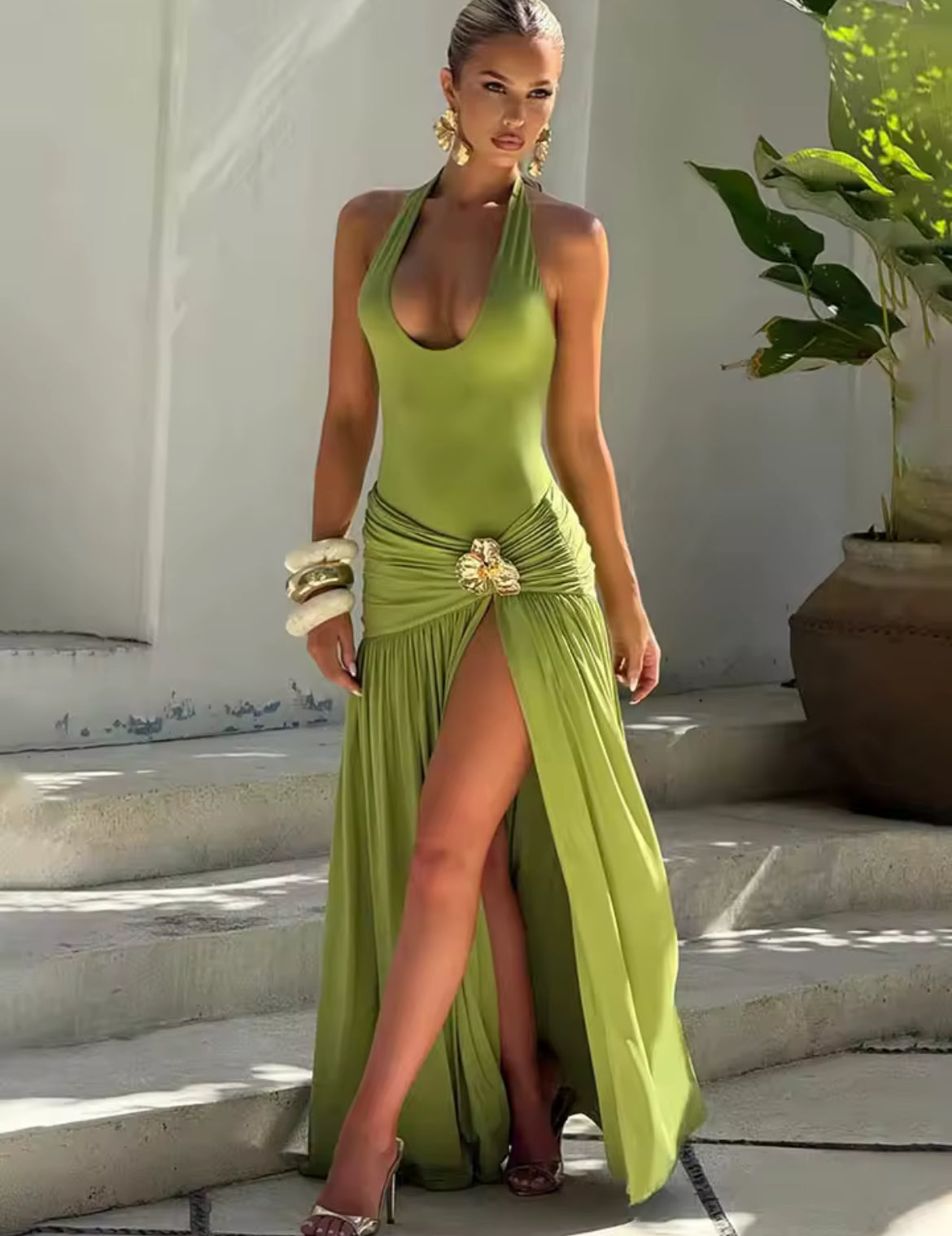 Emerald Elegance Halter Maxi Dress