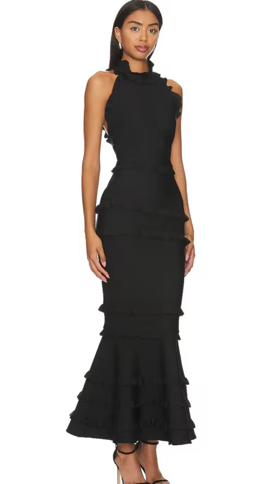 Black Ruffle Halter Mermaid Dress – Open Back Evening Gown