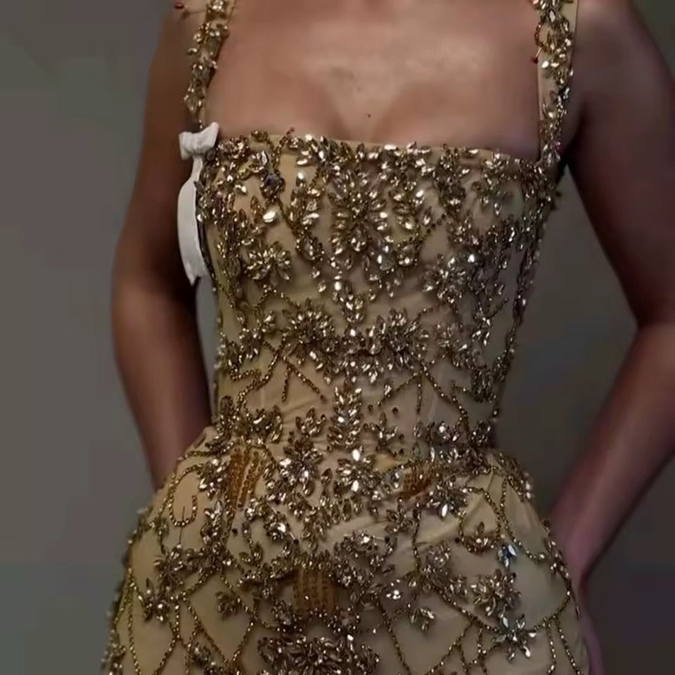 Luxury Hand-Embellished Gold Crystal Mini Dress – Square Neck Beaded Corset Dress