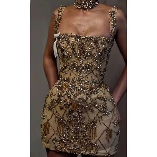 Luxury Hand-Embellished Gold Crystal Mini Dress – Square Neck Beaded Corset Dress