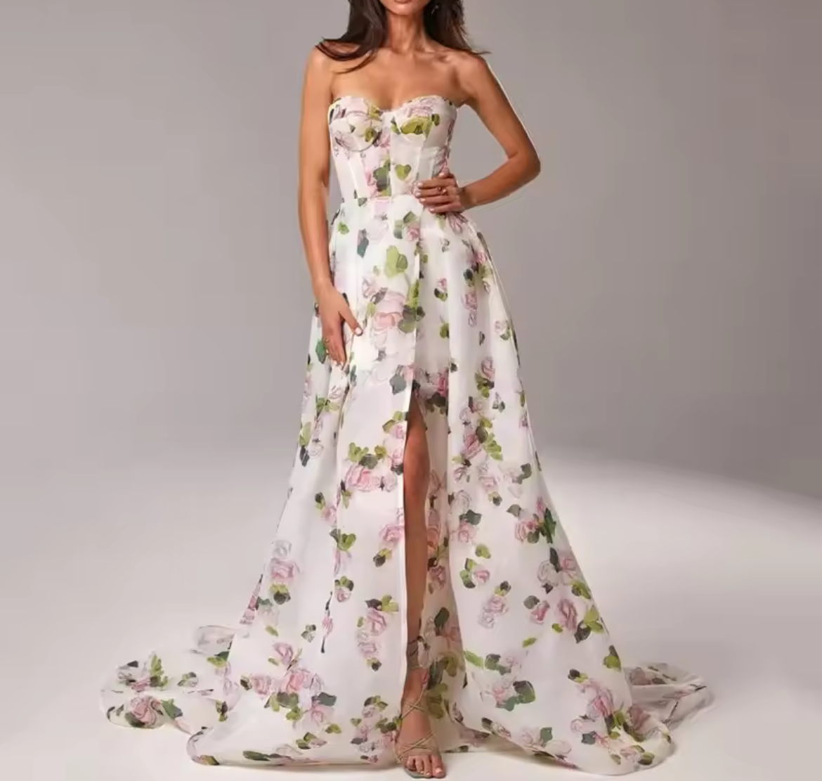 Floral Corset High-Slit Gown with Train – Romantic Strapless Maxi Dress